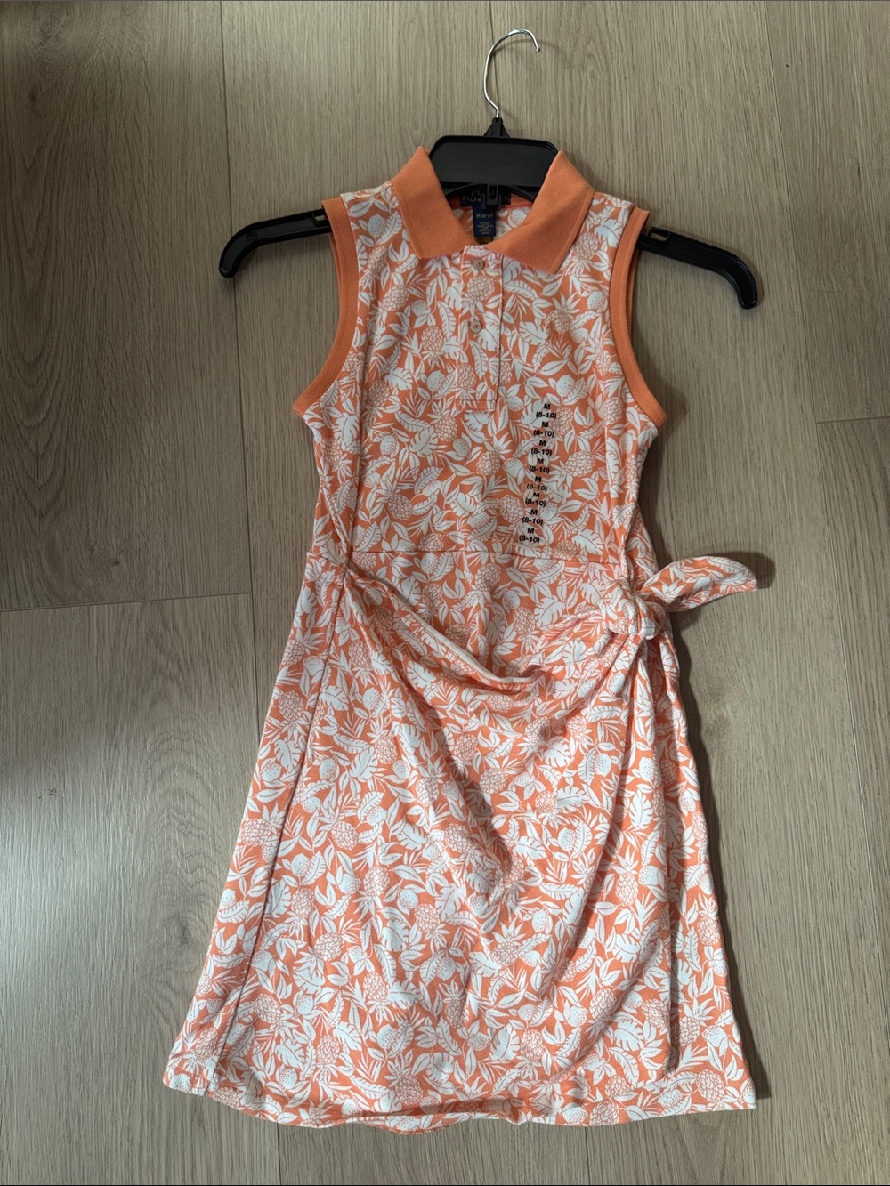 Ralph Lauren Girls Coral and White Floral Tie-Waist Polo Dress